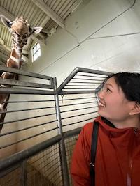 Marian looking up at a giraffe at the zoo.